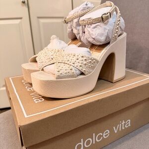 Dolce Vita Pearl-Embellished Cream Platforms